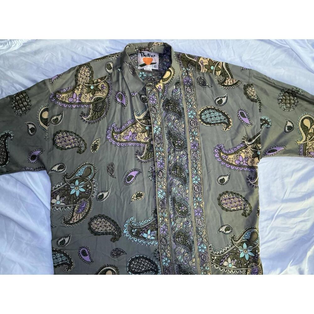 Vintage 90's Protest Military Green Purple Paisley Print Button Down Blouse Top